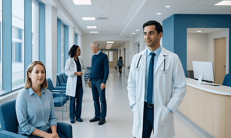 Medical professionals and patient in a modern hospital corridor.