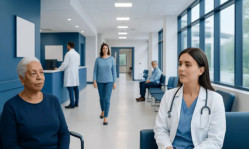 Doctor consulting elderly patient in hospital corridor.