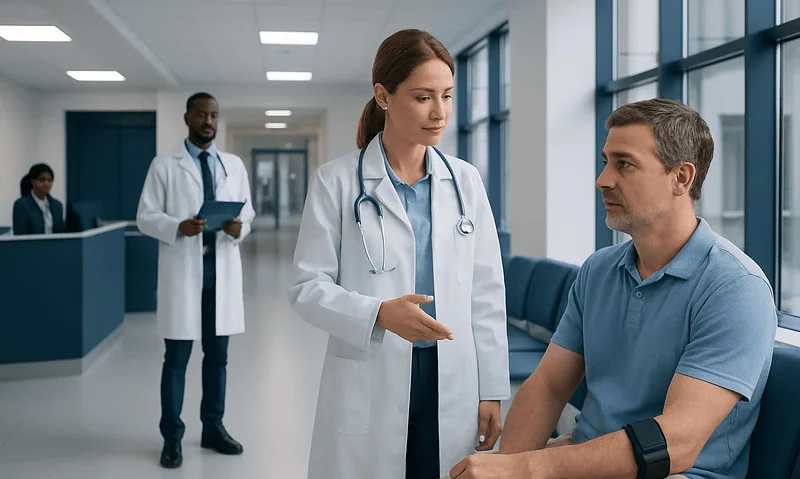 Doctor consulting patient in hospital corridor with medical staff in background.