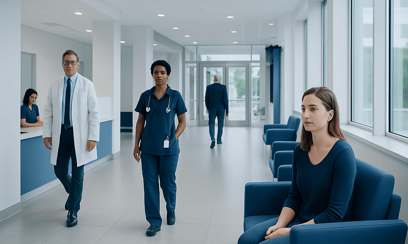 Healthcare professionals and patient in a modern hospital corridor.