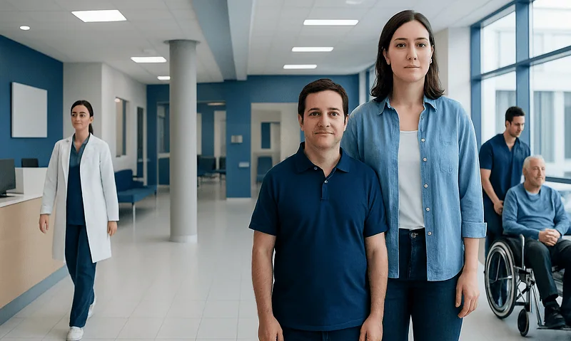 Diverse hospital staff and patients in a modern healthcare facility.