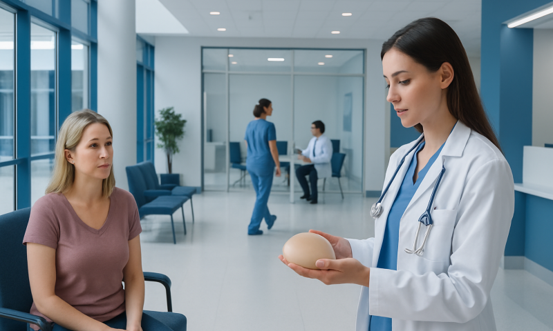 Does Breast Implant Cause Breast Cancer: An Evidence-Based Patient Guide 4 Doctor explaining breast implant options to patient in hospital corridor.