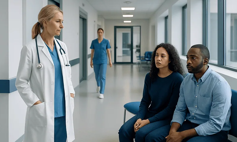 Doctor consulting with patients in hospital corridor.