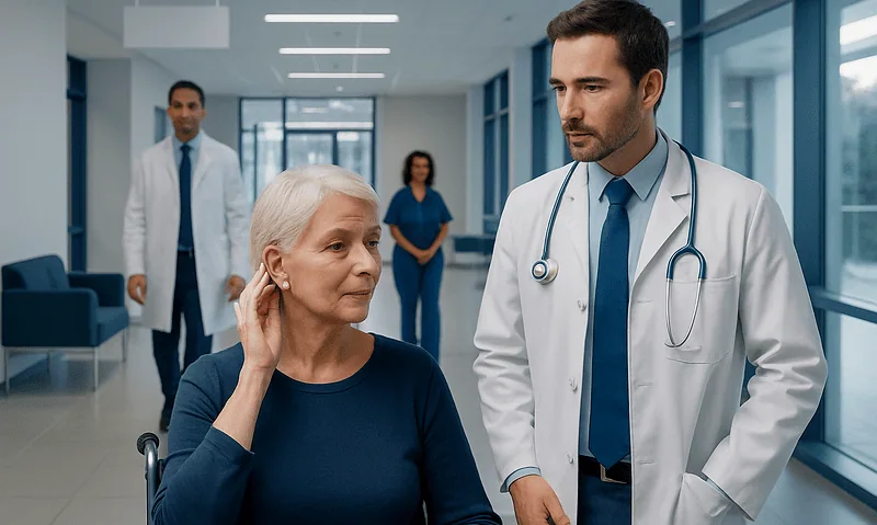 Doctor consulting elderly woman in hospital corridor with medical team in background.