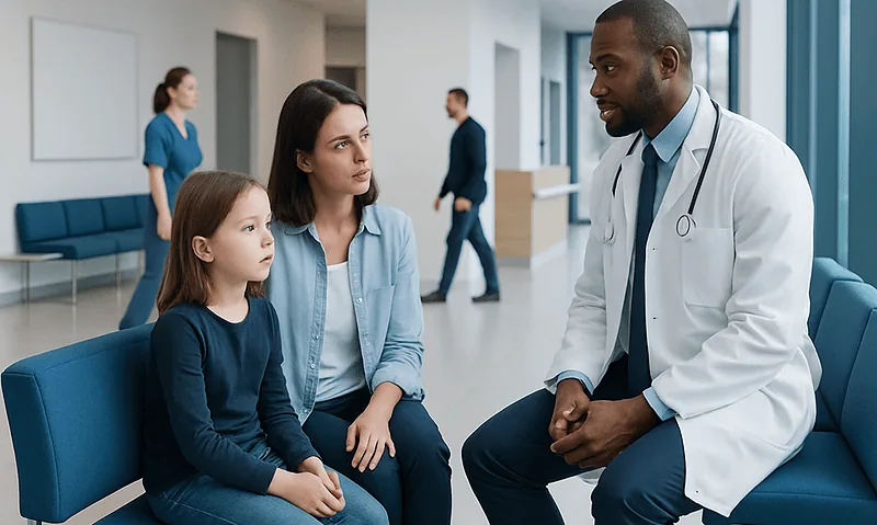 Doctor consulting mother and daughter in hospital waiting area.