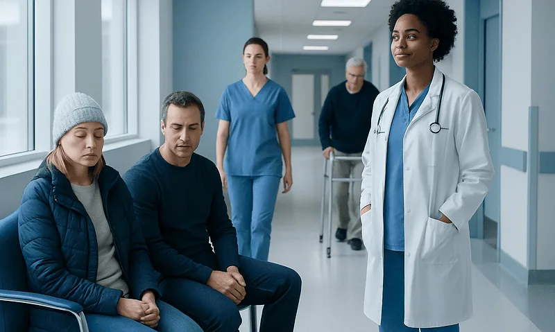 Medical team and patients in a hospital corridor.