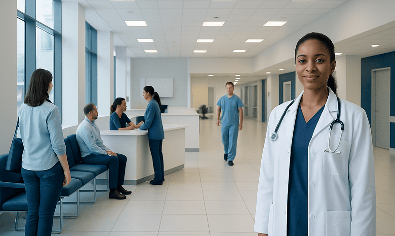 Healthcare professionals and patients in a modern hospital lobby.