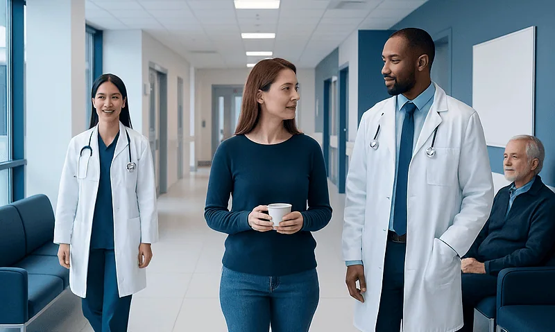 Medical professionals and a patient in a hospital corridor.