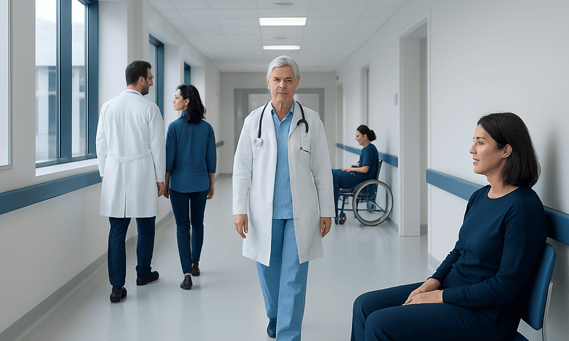 Medical professionals and patient in hospital corridor at Acibadem Hospitals Group.