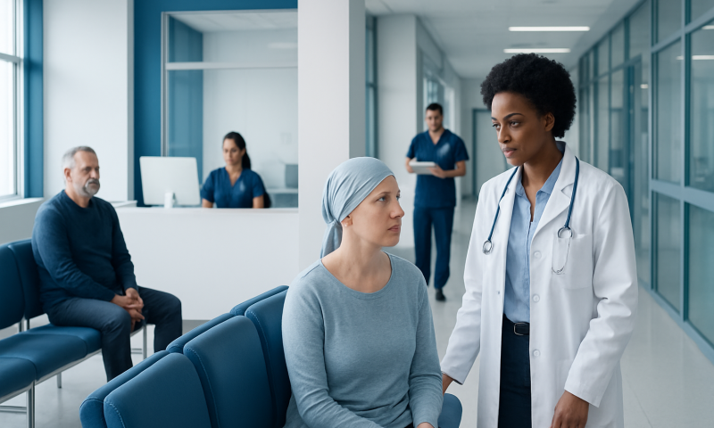 Compassionate doctor consulting cancer patient in hospital waiting area.