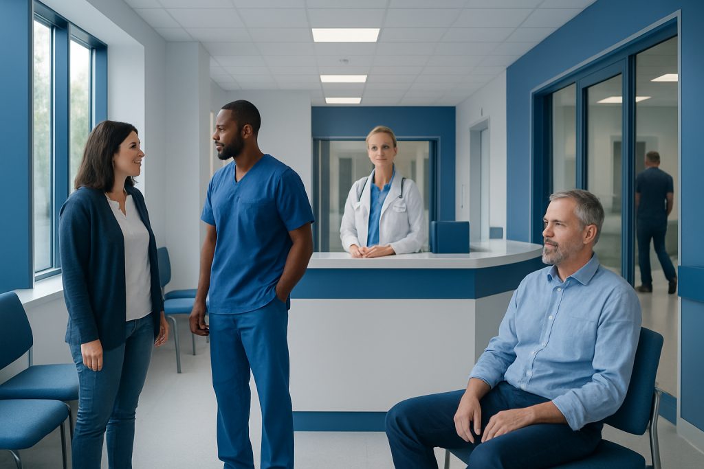 Does Ketamine Therapy Get You High: How It Works, Results and What to Expect 1 Patients and healthcare professionals in a modern hospital corridor.