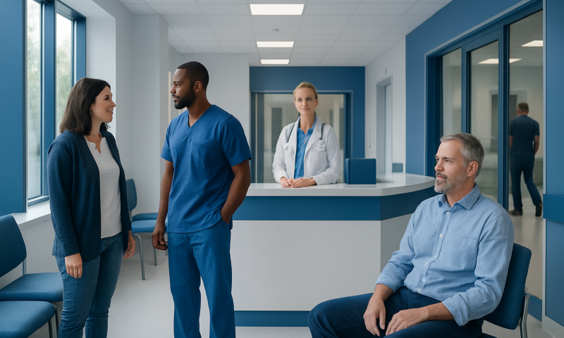Patients and healthcare professionals in a modern hospital corridor.