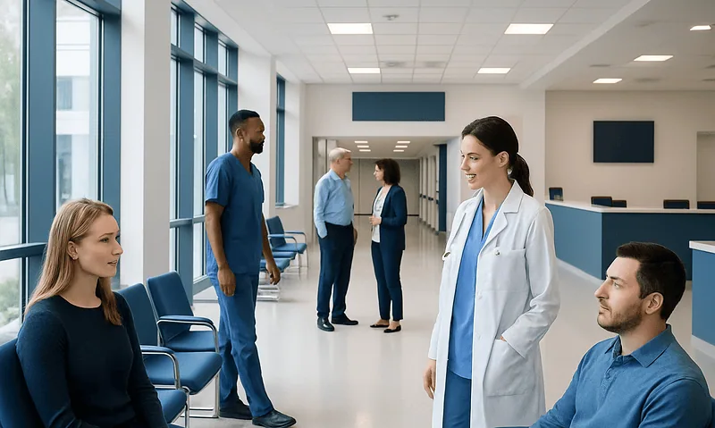 Does Laser Removal Cause Cancer: Procedure, Recovery and Results 12 Hospital waiting area with medical staff and patients in a modern healthcare facility.