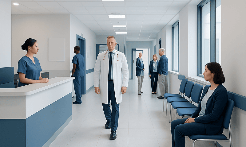 Hospital corridor with medical staff and patients in a modern healthcare facility.