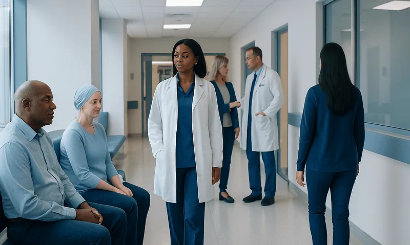 Healthcare professionals and patients in a hospital corridor.