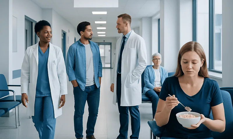 Doctors and patients in a hospital corridor engaging in conversation.