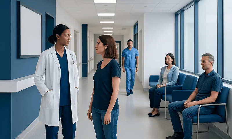 Doctor and patient talking in hospital corridor with waiting area.