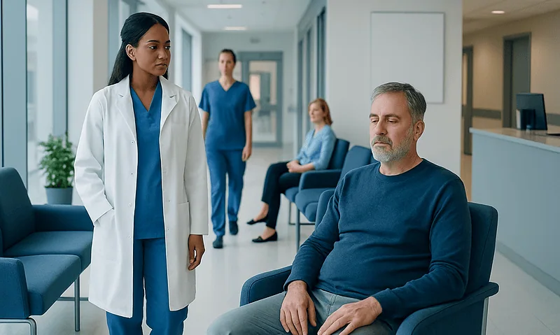 Doctor consulting with patient in hospital corridor.