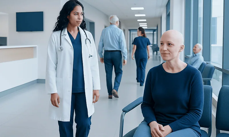 Oncology patient with doctor in hospital corridor.
