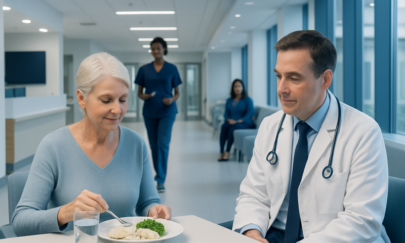 What to Eat after Colonoscopy with Polyp Removal: Procedure, Recovery and Results 16 Doctor and elderly woman in hospital cafeteria during consultation.
