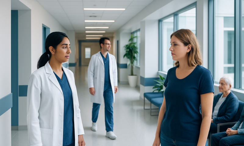 Medical consultation in hospital corridor with doctors and patient.