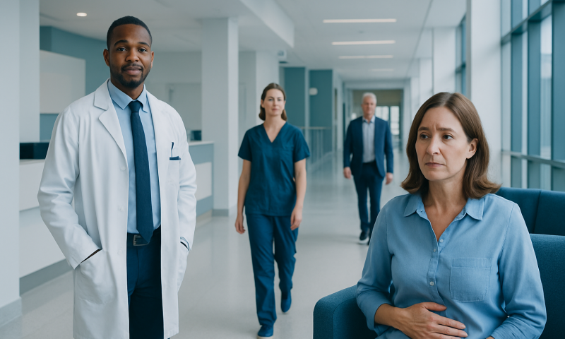 Medical team discussing patient care in hospital corridor.