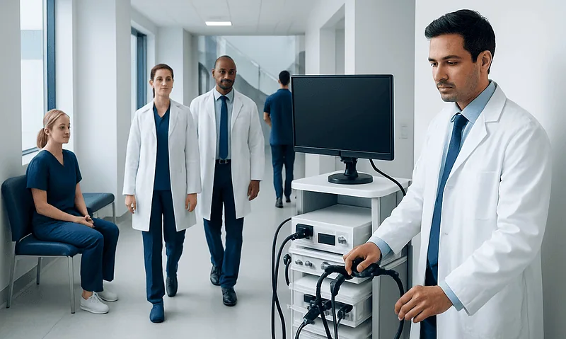 Endoscopy Ai News October 2025: Preparation, Procedure and Results 10 Medical team preparing endoscopy equipment in hospital corridor.