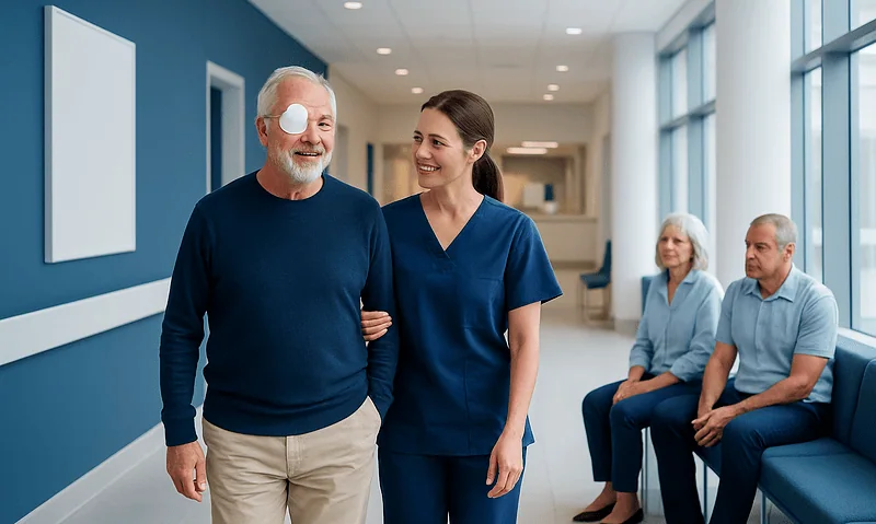 Envista Envy Cataract Surgery Recovery Support: Procedure, Recovery and Results 6 Happy elderly man walking with nurse in hospital corridor.