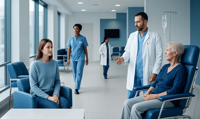 Doctor consulting with elderly patient in hospital room.