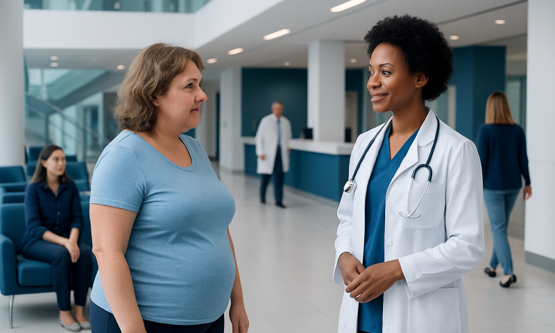 Doctor speaking with a patient in a modern hospital lobby.