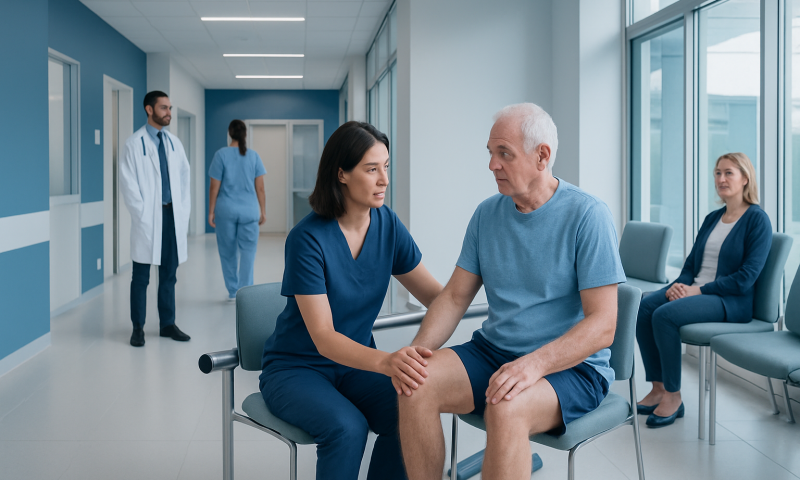 Patient consulting with nurse in hospital corridor for knee treatment.