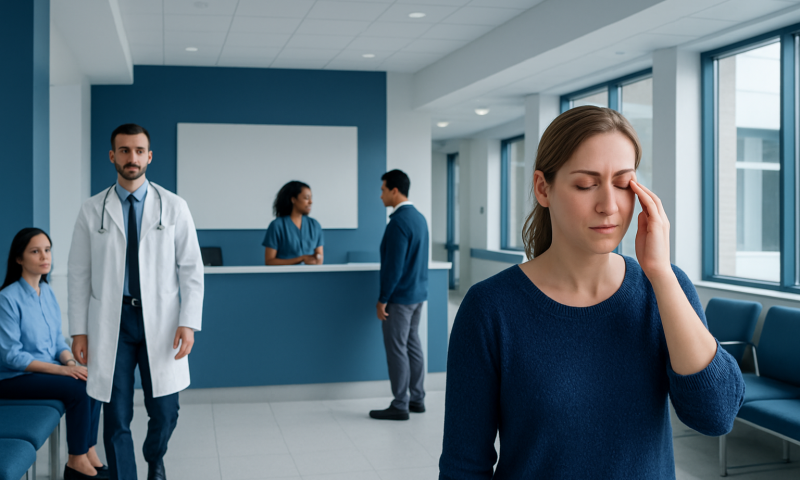 Eye Twitching Treatment Naturally: How It Works, Results and What to Expect 4 Woman experiencing eye twitching in a hospital waiting area.