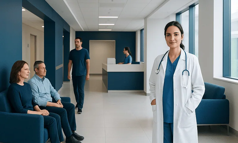 Medical professional in a hospital corridor with patients waiting.