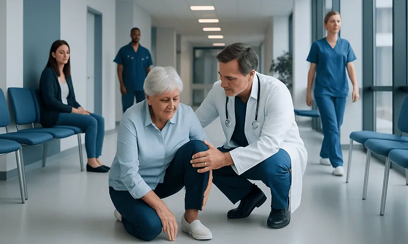 Orthopedic doctor examining elderly woman's knee in hospital corridor.