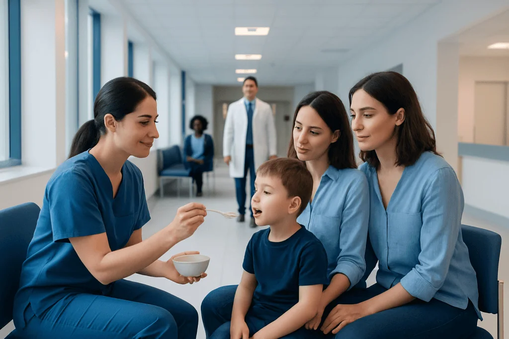 Feeding Therapy for Autism: How It Works, Results and What to Expect 1 Pediatric feeding therapy session at Acibadem Hospital with healthcare professionals and a young boy.