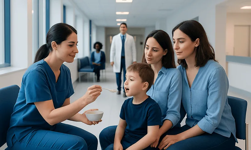 Pediatric feeding therapy session at Acibadem Hospital with healthcare professionals and a young boy.