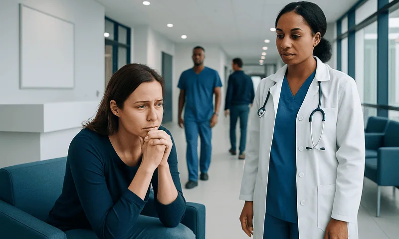 Patient worried in hospital waiting area with healthcare professional nearby.