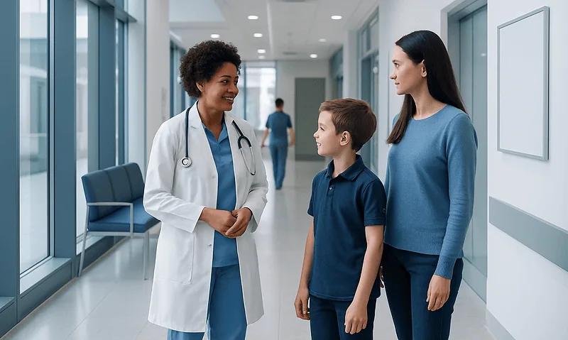 Pediatric specialist talking to a young boy and his mother in hospital corridor.