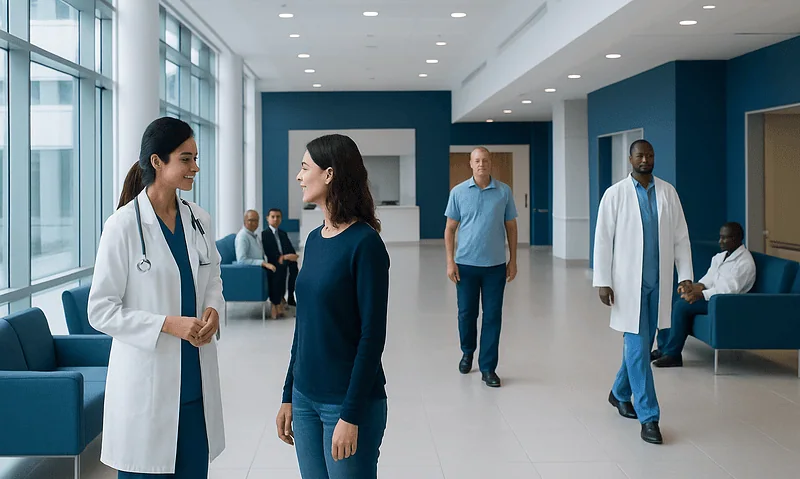 Healthcare professionals and patients in a modern hospital lobby.