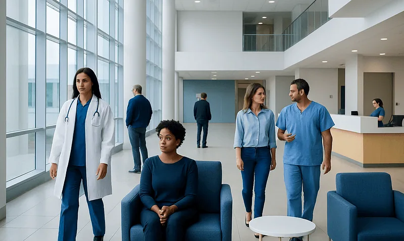Diverse group of medical professionals and patients in a modern hospital lobby.