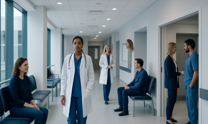 Medical professionals and patients in a hospital corridor.