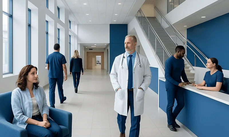 Healthcare professionals and patients in a modern hospital lobby.