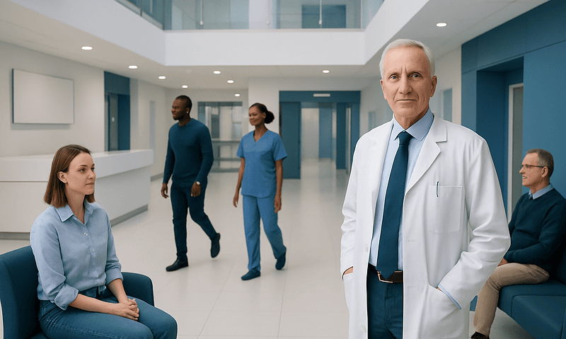Senior eye surgeon with medical team in modern hospital corridor.