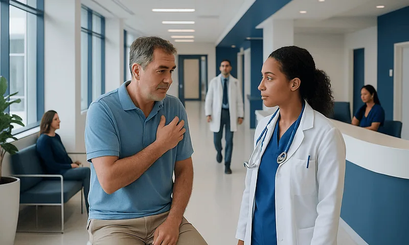 Patient consulting with a doctor in a modern hospital corridor.