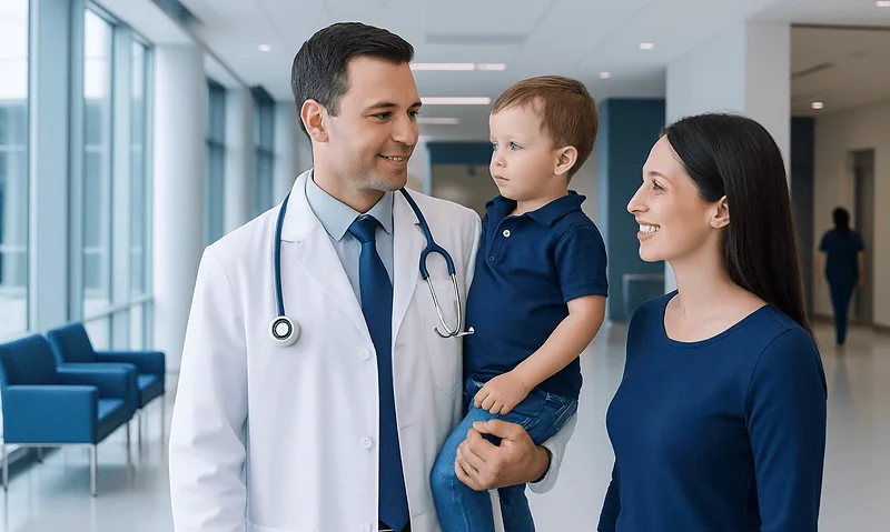 Pediatric Specialist Mansfield: An Evidence-Based Patient Guide 4 Pediatric consultation at Acibadem Hospital with doctor, mother, and child in hospital corridor.