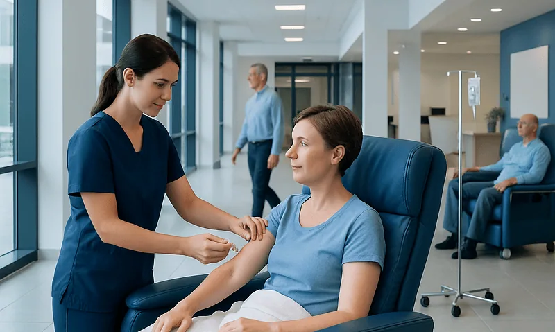 Nurse preparing a patient for vaccination in a hospital corridor.