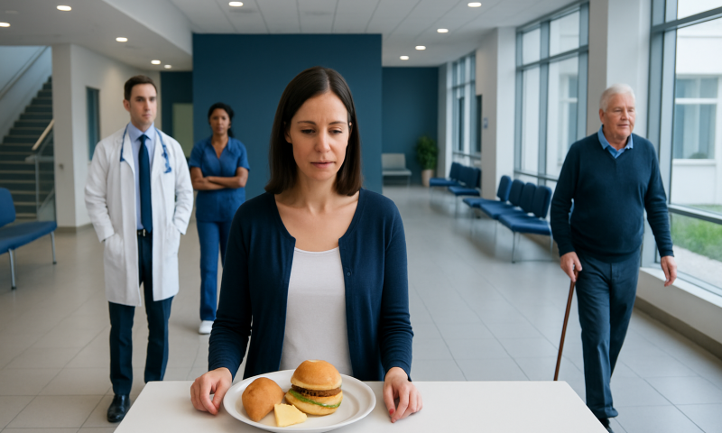 Woman with food tray in hospital corridor, healthcare setting.