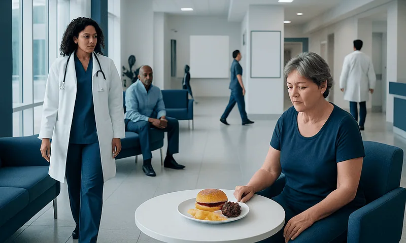 Patient in hospital waiting area with food on table, healthcare staff nearby.