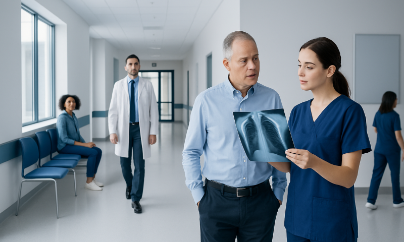 Doctor and nurse reviewing X-ray in hospital corridor.