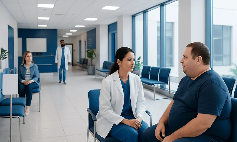 Patient consulting with doctor in hospital waiting area in Turkey.